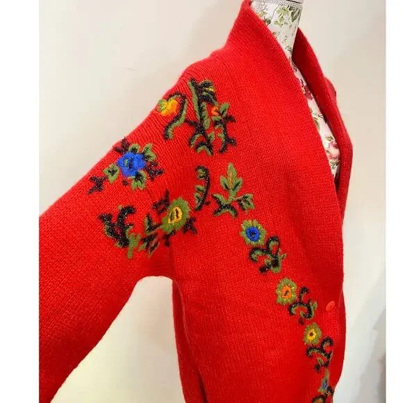 VTG Cervelle Red Bulky, Chunky, Shawl Collar Cardigan, Puff Sleeves, Wool Med - Picture 8 of 8